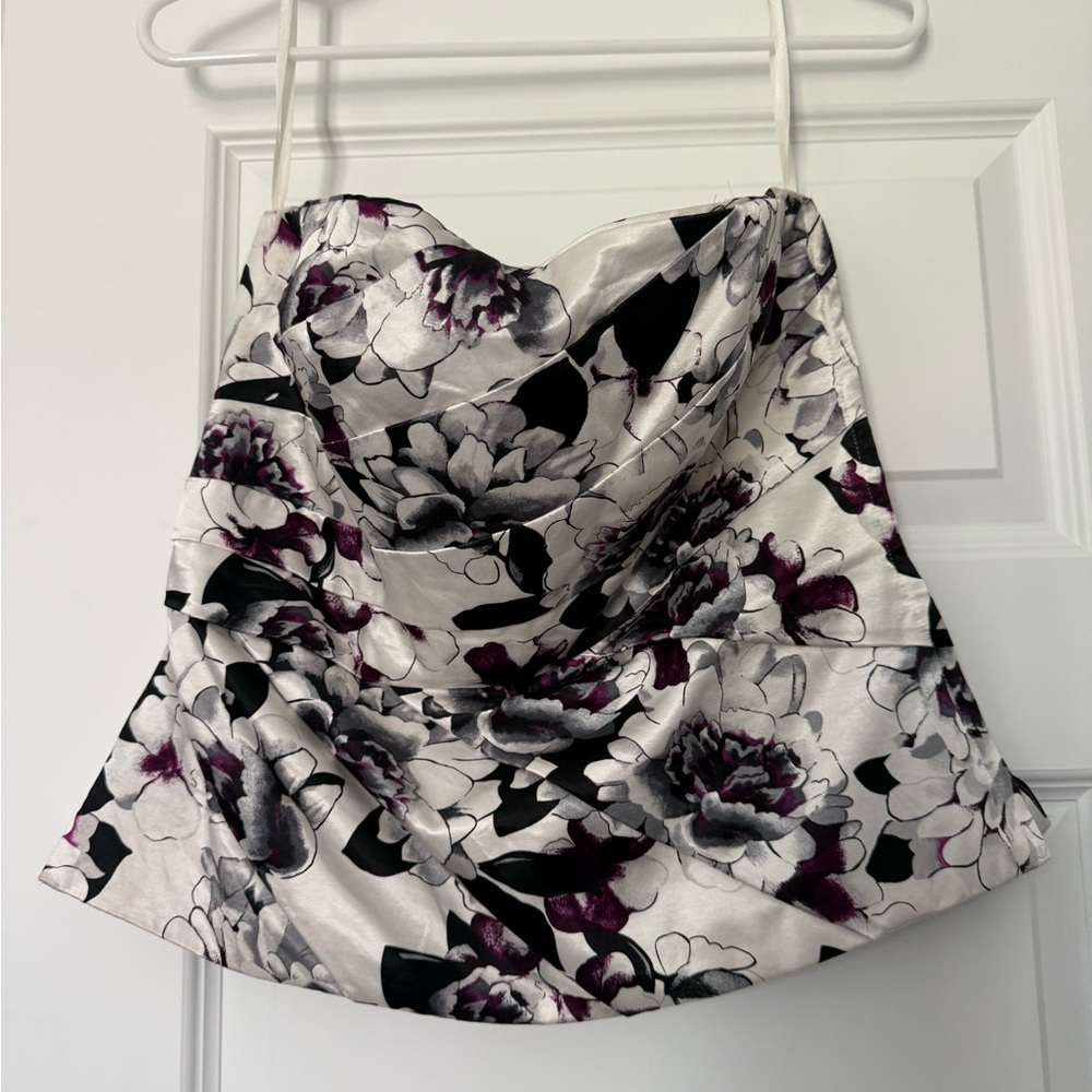 White House Black Market Floral Satin A-Line Skirt in Black, White & Plum